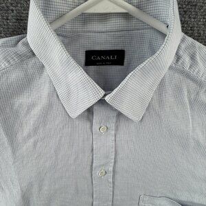 Canali Check Italy 17.5 Cotton Blue Shirt Business Button Up Men Long Sleeve
